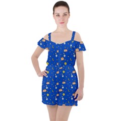 Cat Animals Sleep Stars Seamless Background Ruffle Cut Out Chiffon Playsuit by pakminggu