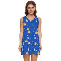 Cat Animals Sleep Stars Seamless Background Tiered Sleeveless Mini Dress by pakminggu