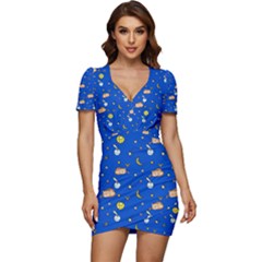 Cat Animals Sleep Stars Seamless Background Low Cut Cap Sleeve Mini Dress by pakminggu