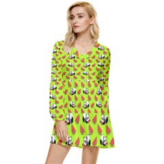 Watermelon Panda Background Wallpaper Tiered Long Sleeve Mini Dress by pakminggu