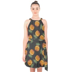 Pineapple Background Pineapple Pattern Halter Collar Waist Tie Chiffon Dress by pakminggu