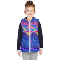 Psychedelic Colorful Lines Nature Mountain Trees Snowy Peak Moon Sun Rays Hill Road Artwork Stars Kids  Hooded Puffer Vest by pakminggu