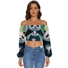 Animal Panda Forest Tree Natural Long Sleeve Crinkled Weave Crop Top by pakminggu