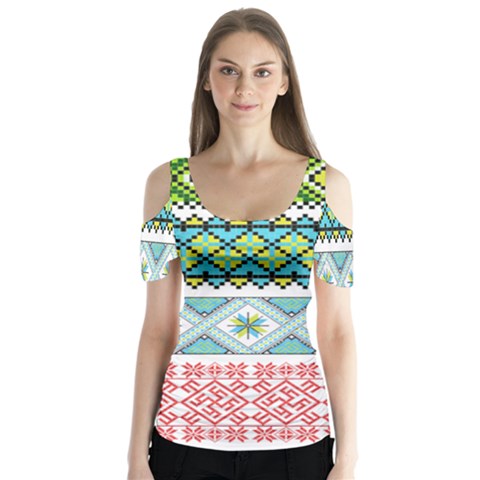 Ukraine Ornament Pattern Symbolism Geometric Butterfly Sleeve Cutout Tee  by pakminggu