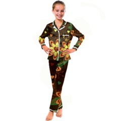 Floral Hearts Brown Green Retro Kids  Satin Long Sleeve Pajamas Set by danenraven