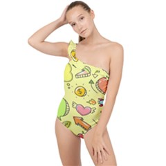 Cute Sketch Child Graphic Funny Frilly One Shoulder Swimsuit by danenraven