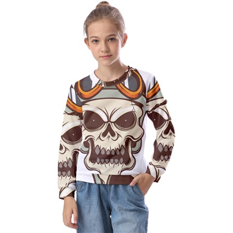 Motorcycle Helmet Skull Clip Art Cranial Skeleton Kids  Long Sleeve Tee With Frill  by Mog4mog4