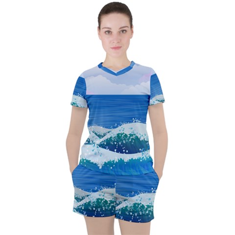 Illustration Landscape Sea Ocean Waves Beach Blue Women s Tee And Shorts Set by Mog4mog4