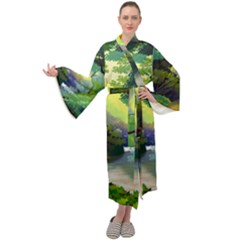 Landscape Illustration Nature Forest River Water Maxi Velvet Kimono by Mog4mog4