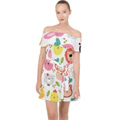 Cute Animals Cartoon Seamless Background Off Shoulder Chiffon Dress by Bakwanart