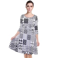 Black And White Geometric Patterns Quarter Sleeve Waist Band Dress by Bakwanart