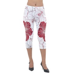 Red Hibiscus Flowers Art Lightweight Velour Capri Leggings  by Bakwanart