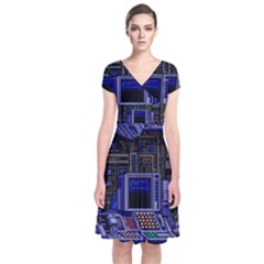 Blue Computer Monitor With Chair Game Digital Wallpaper, Digital Art Short Sleeve Front Wrap Dress by Bakwanart