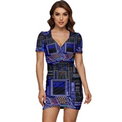 Blue Computer Monitor With Chair Game Digital Wallpaper, Digital Art Low Cut Cap Sleeve Mini Dress by Bakwanart