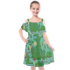 Green Retro Games Pattern Kids  Cut Out Shoulders Chiffon Dress by Bakwanart