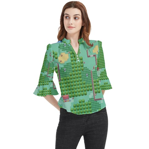 Green Retro Games Pattern Loose Horn Sleeve Chiffon Blouse by Bakwanart