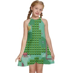 Green Retro Games Pattern Kids  Halter Collar Waist Tie Chiffon Dress by Bakwanart