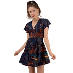 Abstract Colorful Circuit Flutter Sleeve Wrap Dress by Bakwanart