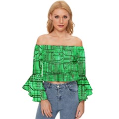 Green Circuit Board Computer Off Shoulder Flutter Bell Sleeve Top by Bakwanart