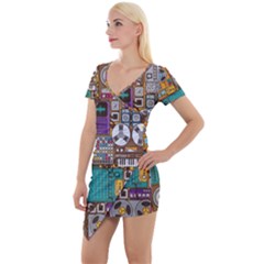 Pattern Design Art Techno Dj Music Retro Music Device Short Sleeve Asymmetric Mini Dress by Bakwanart