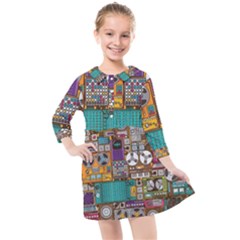 Pattern Design Art Techno Dj Music Retro Music Device Kids  Quarter Sleeve Shirt Dress by Bakwanart