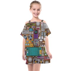 Pattern Design Art Techno Dj Music Retro Music Device Kids  One Piece Chiffon Dress by Bakwanart