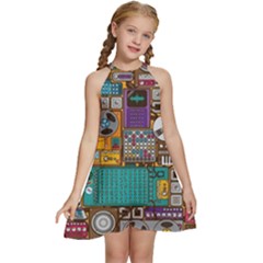 Pattern Design Art Techno Dj Music Retro Music Device Kids  Halter Collar Waist Tie Chiffon Dress by Bakwanart