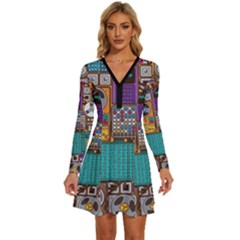 Pattern Design Art Techno Dj Music Retro Music Device Long Sleeve Deep V Mini Dress  by Bakwanart