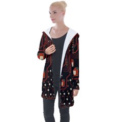 Red Computer Circuit Board Longline Hooded Cardigan by Bakwanart