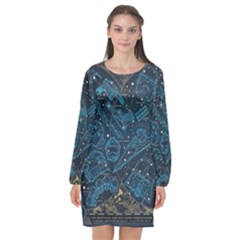 Position Of The Constellations Illustration Star Blue Long Sleeve Chiffon Shift Dress  by Bakwanart