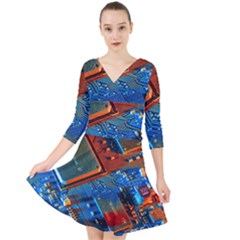 Gray Circuit Board Electronics Electronic Components Microprocessor Quarter Sleeve Front Wrap Dress by Bakwanart