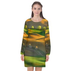 Landscape Usa Nature Washington State Trees Field Palouse Long Sleeve Chiffon Shift Dress  by Bakwanart