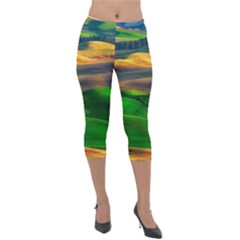 Grassland Nature Palouse Green Field Hill Sky Butte Lightweight Velour Capri Leggings  by Bakwanart