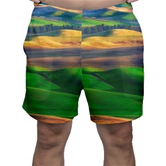 Grassland Nature Palouse Green Field Hill Sky Butte Men s Shorts by Bakwanart