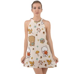 Bear Cartoon Background Pattern Seamless Animal Halter Tie Back Chiffon Dress by 99art