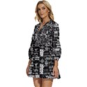 Music Pattern Black White V-Neck Placket Mini Dress View2