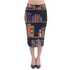 Assorted Title Of Books Piled In The Shelves Assorted Book Lot Inside The Wooden Shelf Velvet Midi Pencil Skirt by 99art