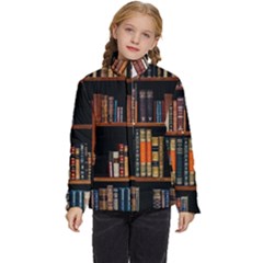 Assorted Title Of Books Piled In The Shelves Assorted Book Lot Inside The Wooden Shelf Kids  Puffer Bubble Jacket Coat by 99art