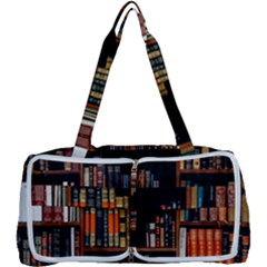 Assorted Title Of Books Piled In The Shelves Assorted Book Lot Inside The Wooden Shelf Multi Function Bag by 99art