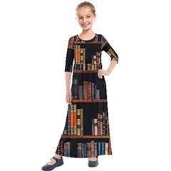 Assorted Title Of Books Piled In The Shelves Assorted Book Lot Inside The Wooden Shelf Kids  Quarter Sleeve Maxi Dress by 99art