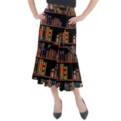 Assorted Title Of Books Piled In The Shelves Assorted Book Lot Inside The Wooden Shelf Midi Mermaid Skirt by 99art