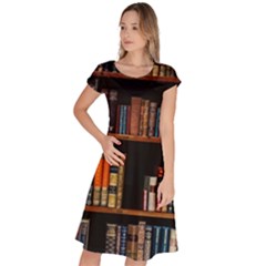 Assorted Title Of Books Piled In The Shelves Assorted Book Lot Inside The Wooden Shelf Classic Short Sleeve Dress by 99art