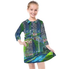 Anime Landscape Apocalyptic Ruins Water City Cityscape Kids  Quarter Sleeve Shirt Dress by 99art