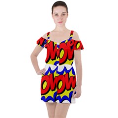 Pow Comic Comic Book Fight Ruffle Cut Out Chiffon Playsuit by 99art