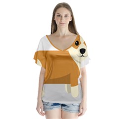 Corgi Dog Puppy V-neck Flutter Sleeve Top by 99art