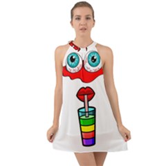 Animation-eyes-cartoon-cute-comic Halter Tie Back Chiffon Dress by 99art