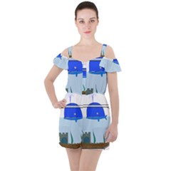 Wal-fish-small-world-lake-sea Ruffle Cut Out Chiffon Playsuit by 99art