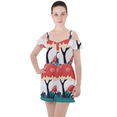 Tree-art-trunk-artwork-cartoon Ruffle Cut Out Chiffon Playsuit by 99art