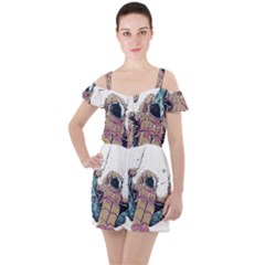 Drawing-astronaut Ruffle Cut Out Chiffon Playsuit by 99art