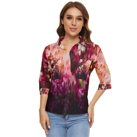 Pink Flower Women s Quarter Sleeve Pocket Shirt by artworkshop